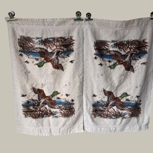 Vintage RA Briggs Mallard Duck Hand Towels Set of 2 Cream Rustic Cabin Lodge